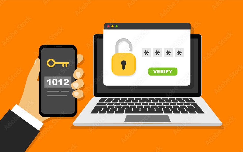 Two steps authentication concept with laptop and smartphone. Verification code by phone. Notification with a security code for secure login or sign in. Vector